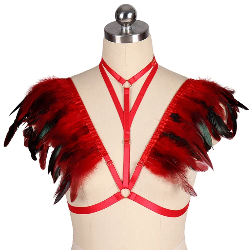 MLCO0018RED Перо клетка жгут Bralette укороченный топ погоны плечо крыло стимпанк готика Фетиш экзотика фестивальный рейв BurningMan женская одежда - Цвет: MLCO0018RED