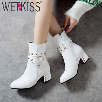 

WETKISS Keep Warm Winter Female Shoes Belt Buckle Zip Women Ankle Boot Fashion Rivet Motorcycle Boot Metal Decor Non Slip Bootie