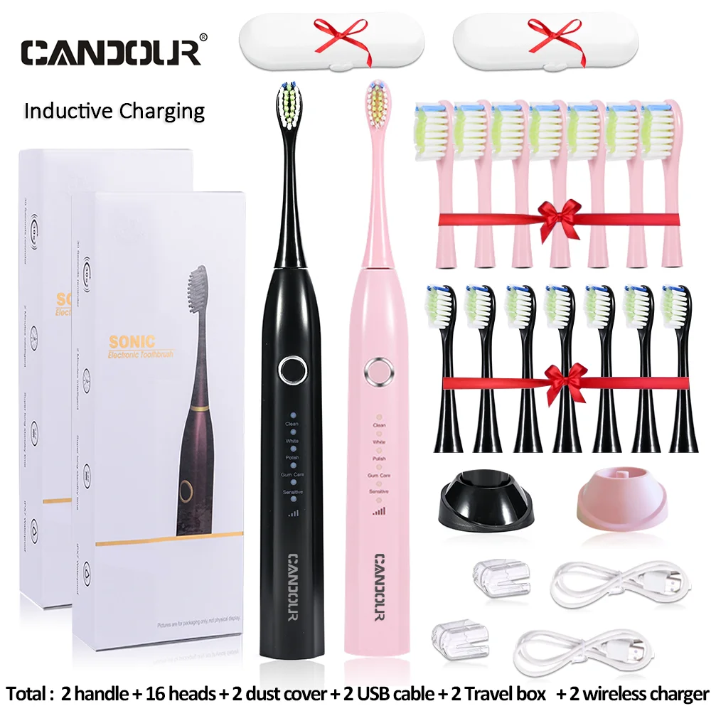 Cantour-USB 충전 충전식 음파 전동 칫솔 CD5166, 성인용 교체 브러시 헤드 16 개