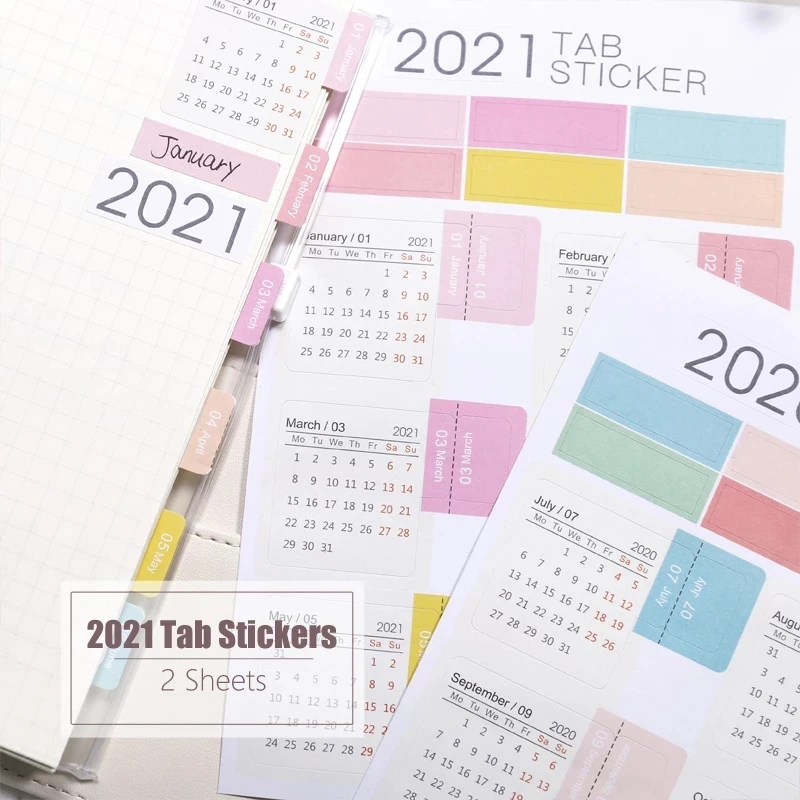 

2 Sheets/Set 2021 Calendar Tab Stickers Functional Planner Stickers Monthly Schedule Mark Agenda Stationery Stickers