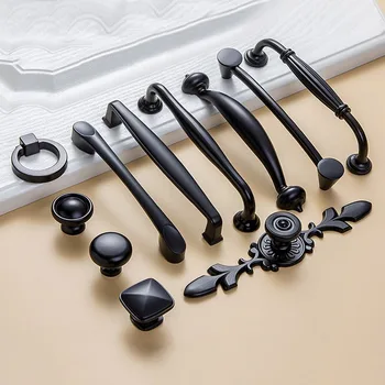 

High Quality Solid Metal Black Handle Cupboard Wardrobe Knob Door Pull Drawer Modern Minimalist Furniture Hardware Handles