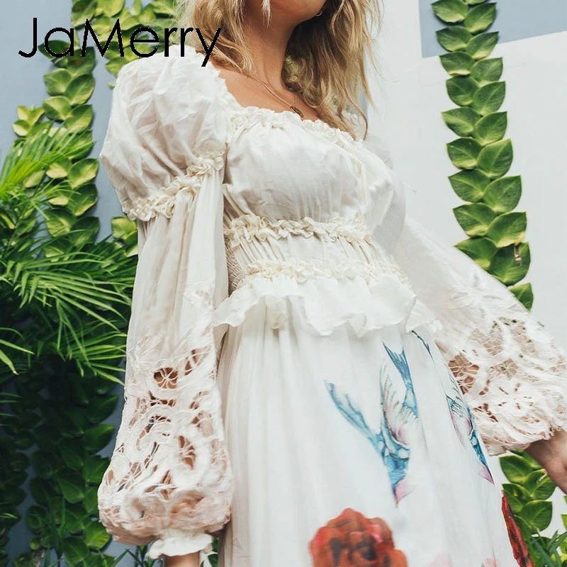 JaMerry винтажная, этнический стиль, хлопковая блузка, блузка с рукавами-клеш, гофрированные открытые топы со шнуровкой, белые женские короткие блузки, Топ