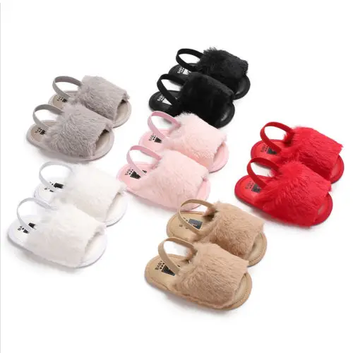 

2020 Summer New Newborn Baby Girls Slippers Sandals Flat Heel Soft Sole Crib Shoes Cute Solid Fluffy Fur