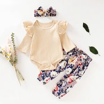 

2020 summer baby clothers clothInfant Baby Girls Ruffles Solid Romper Bodysuit+Floral Pants+Headband Outfits 0-18 Months