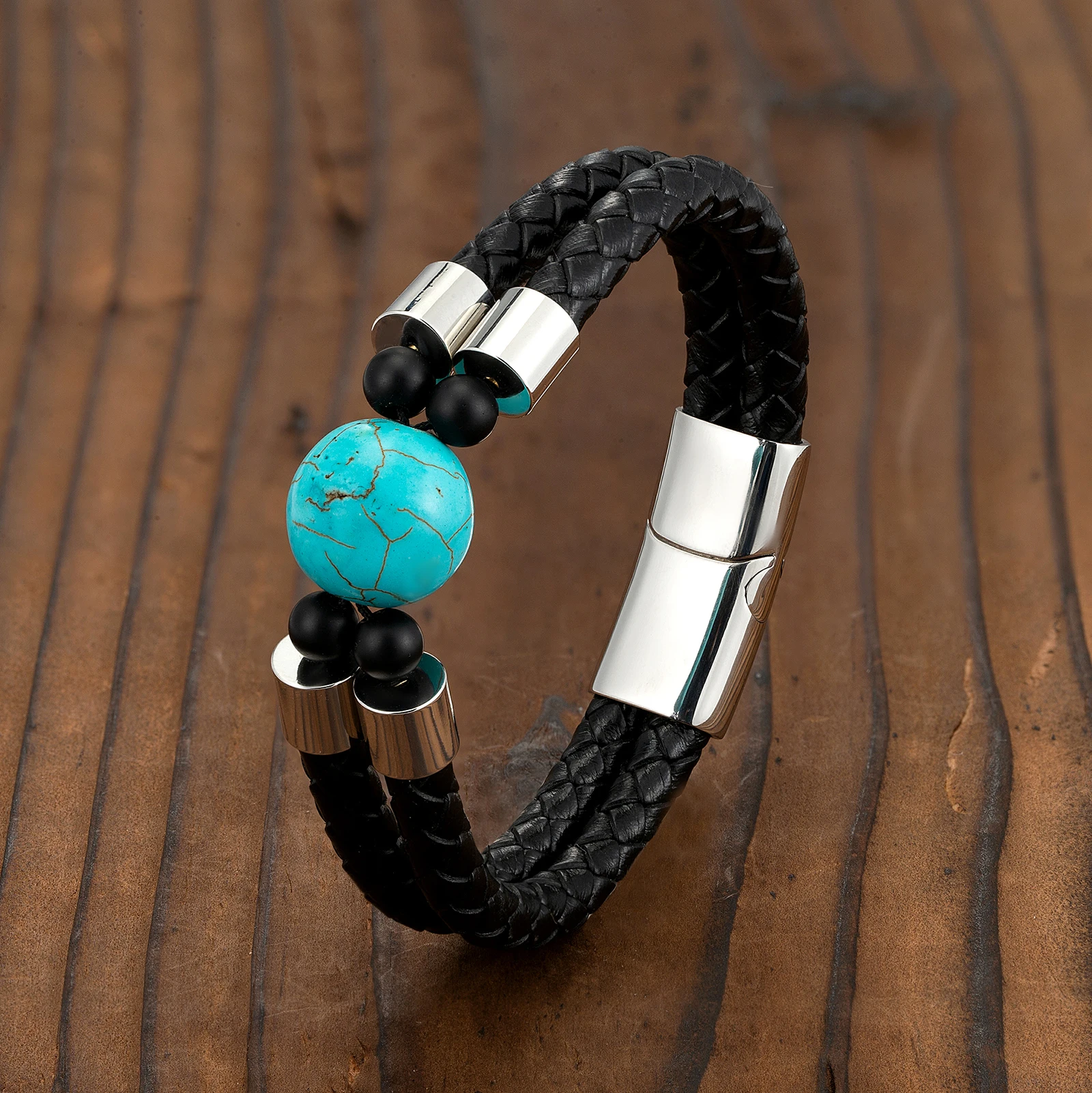 European and American Retro Style 16mm Natural Tiger’s Eye Double-row Leather Cord Bracelet Stainless Steel Magnet Buckle Bracel