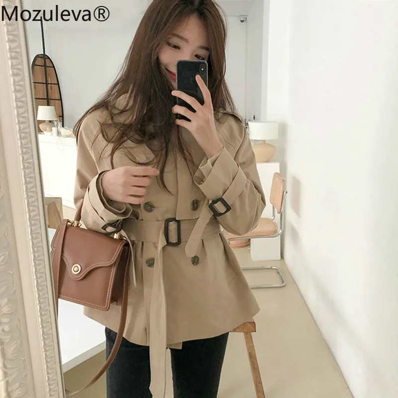 Женский двубортный Тренч Mozuleva свободная короткая верхняя одежда с поясом зимняя