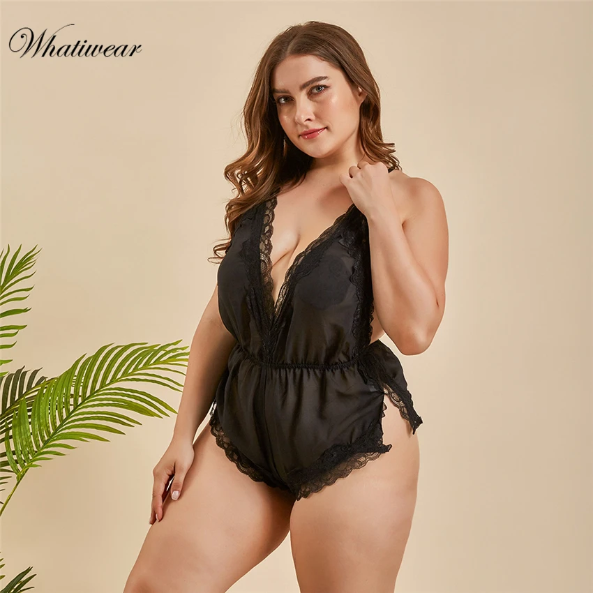 Whatiwear Plus Size Deep V Neck lace bodysuit transparent female body hot sexy teddies jumpsuits women deep V mesh Bodysuit