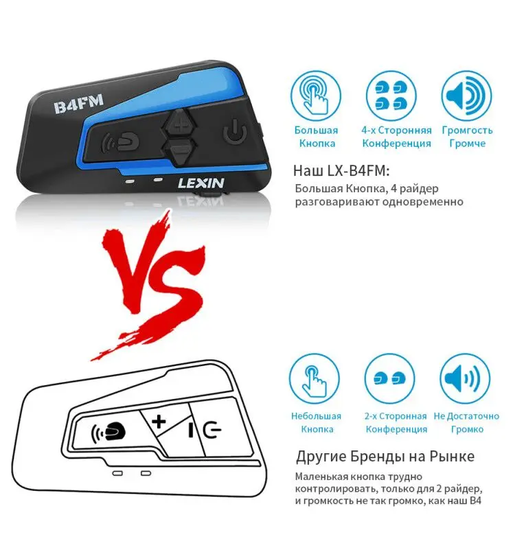 Lexin 2шт. B4FM BT Мотогарнитура для Мотошлема Bluetooth Интерком для 4 Гонщика FM Радио Универсальное Сопряжение Intercom