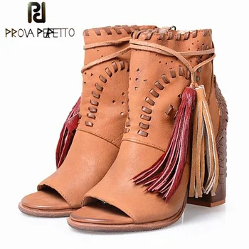 

Prova Perfetto High Quality Summer Woman Sandals Square High Heel Sheepskin with Tassels Peep Toe Hollow out Lace Up Sandals