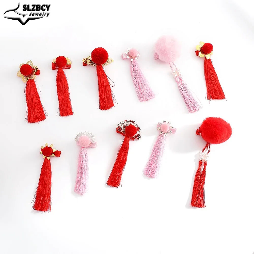 Fluffy Hair Ball Dangle Headwear for Girl Daughter Red Lucky Long Tassel Sun Flower Child Drop Hairwear Happy New Year Gift