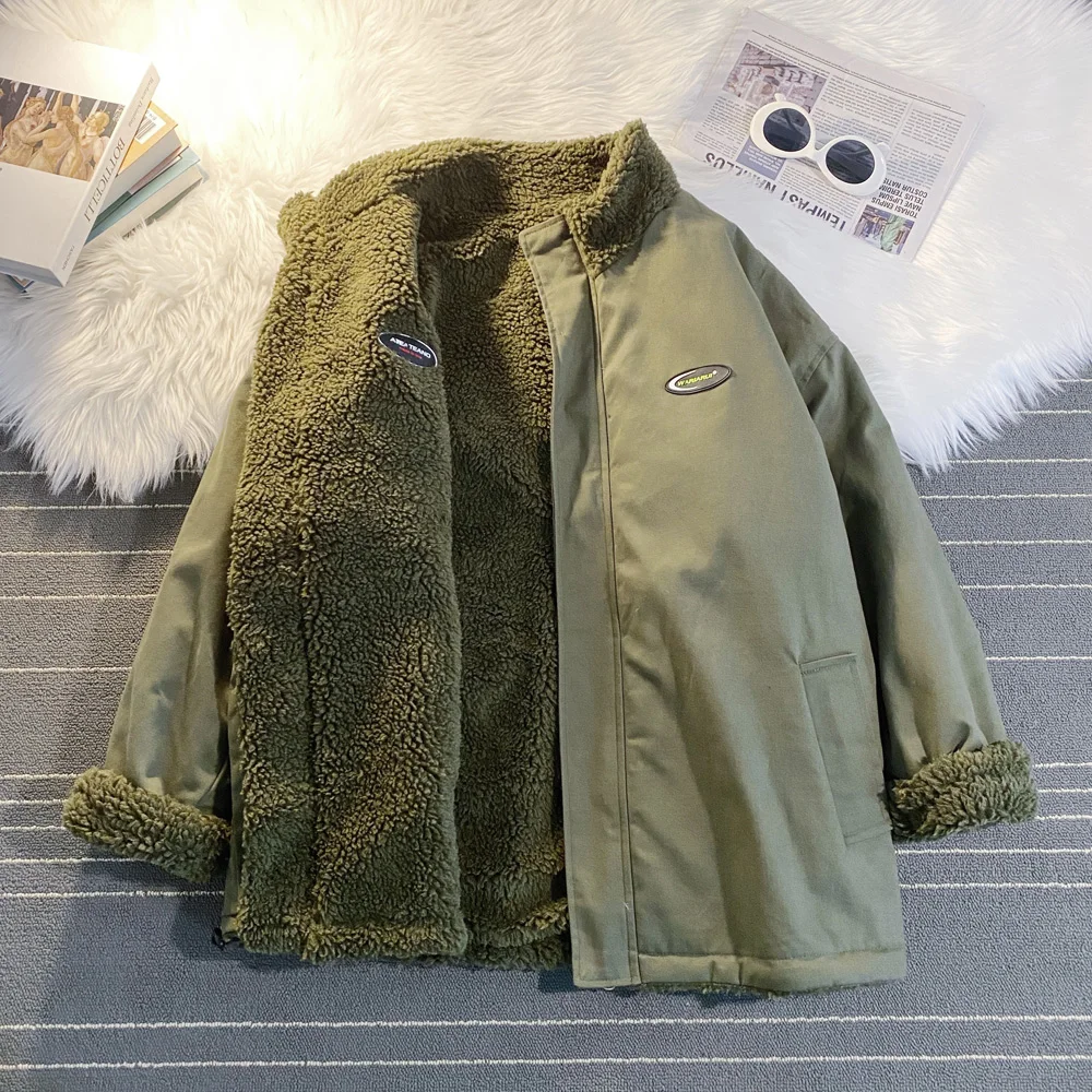 Thickened Cotton-Padded Coat Men's Winter New Loose Hong Kong Style Lamb Wool Velvet Padded Thickened Coat Coat Men's Winter