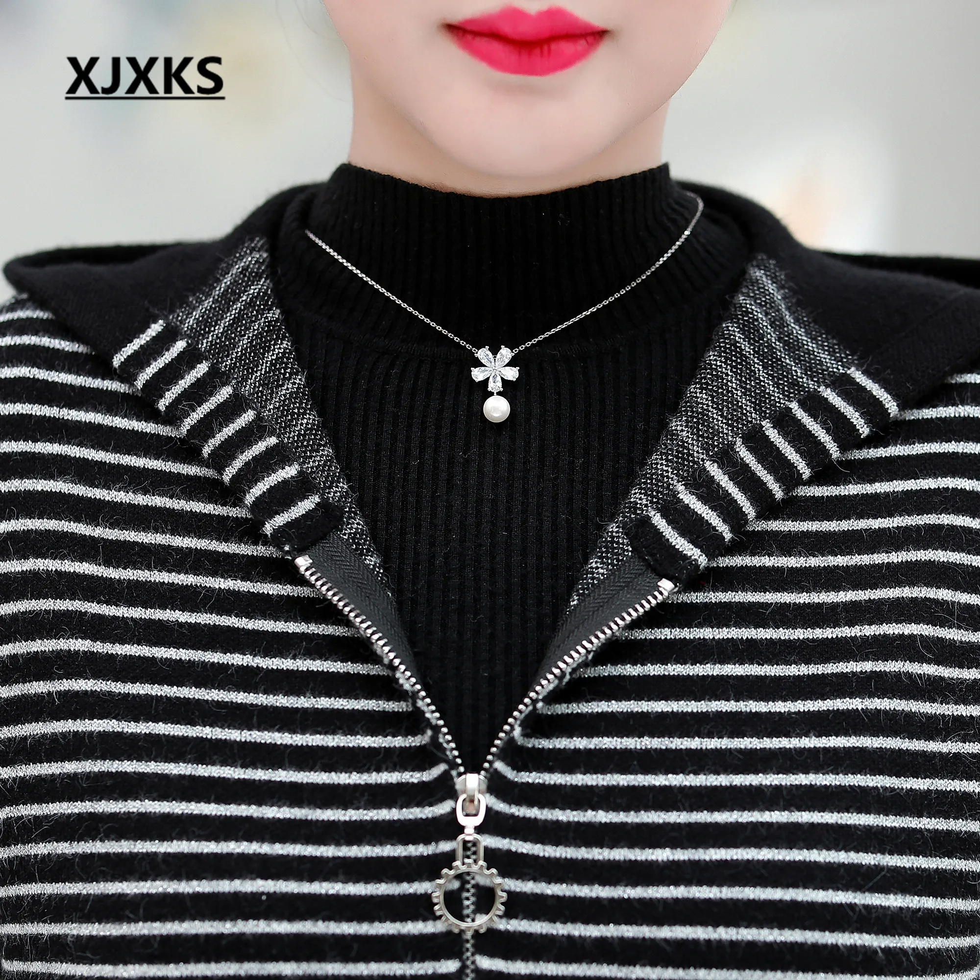 XJXKS autumn winter new fashion hooded women's jacket plus size striped comfortable cashmere women's knitted cardigan coat