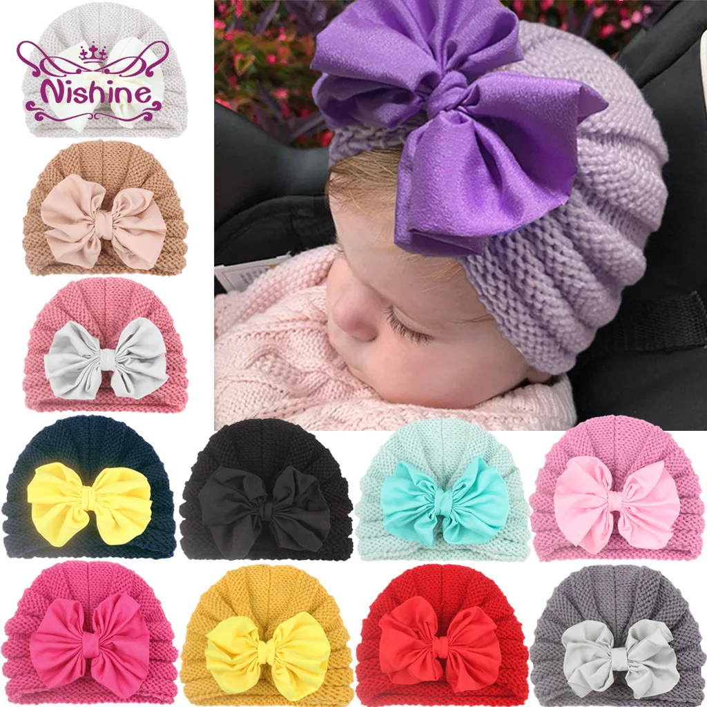 Nishine Newborn Baby Girls Knit Cotton Hats Toddler Bow Cap Winter Beanie Turban Bonnet Kids Headwear Accessories |