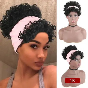 

High Puff Ponytail Synthetic Headband Wig with Bangs Turban Wrap-wig 2 in 1 Drawstring Short Kinky Curly Ponytail Hair Extension