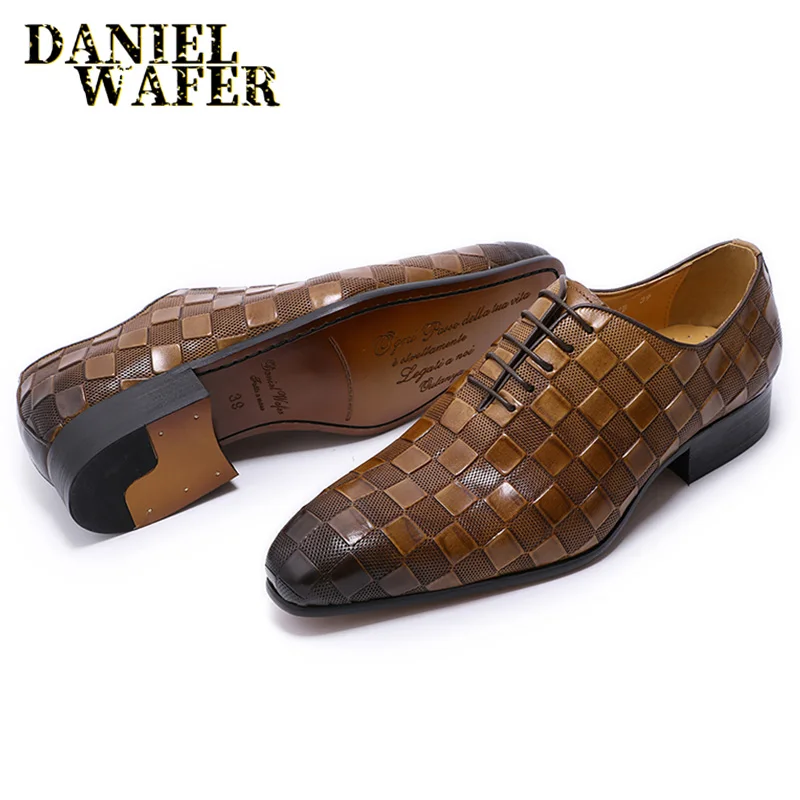 Роскошные итальянские кожаные туфли мужские новые модные клетчатые принты на шнуровке черные коричневые Свадебные офисные туфли официальная оксфордская обувь для мужчин