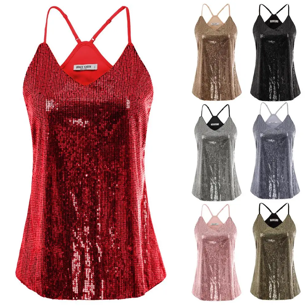 Online Gnade Karin Sexy Top Frauen V ausschnitt Sparkle Pailletten Tank Top Sommer Spaghetti trägern Leibchen Cami Party Club Strappy Tank Clubwear