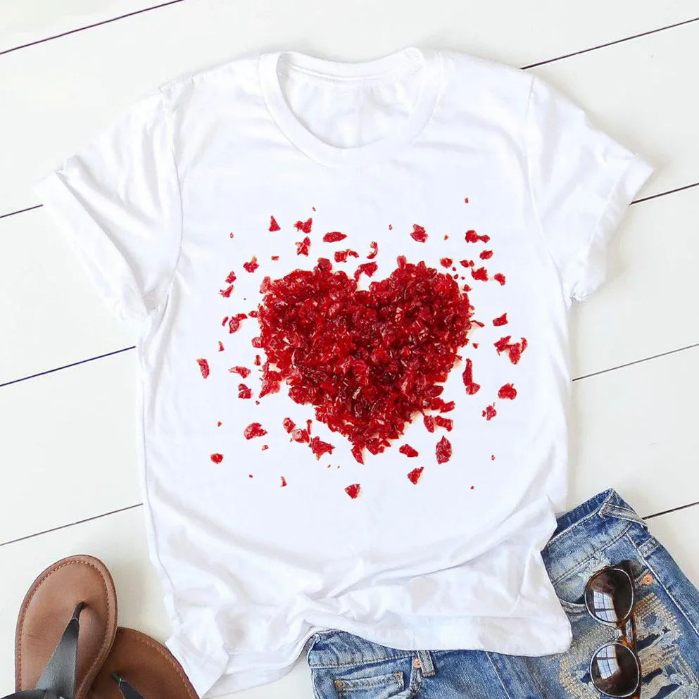pink heart flower Print Women tshirt Short Sleeve Print Clothes Ladies Womens T-Shirt Graphic Tops Clothes Female T-shirts