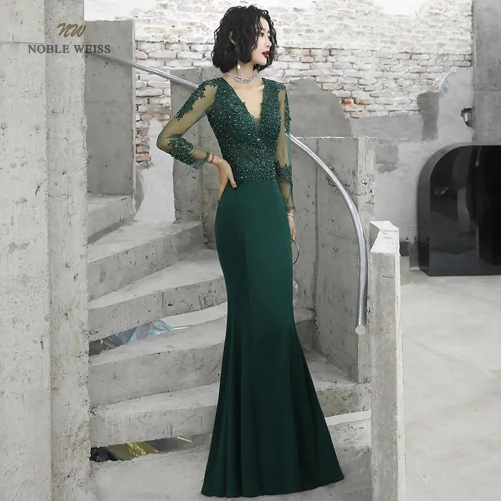 Prom dresses sexy v-neck mermaid floor-length satin appliques beading prom dress cheap gown robe de soiree party dress women prom dresses