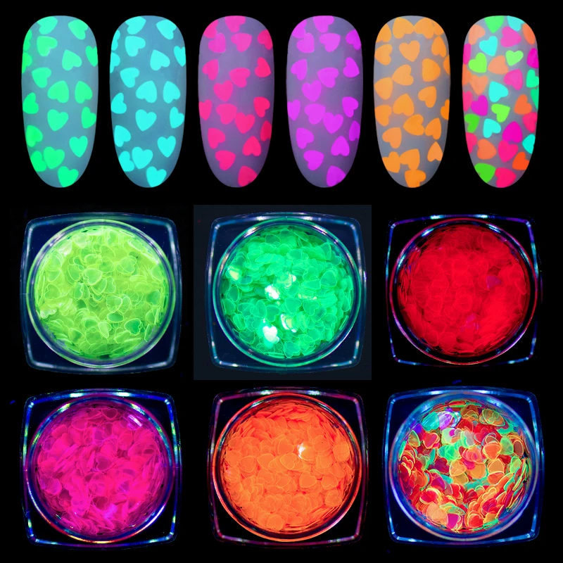 1 г флуоресцентные Блестки для ногтей красочный в форме сердца блестки светящиеся ультра-тонкие блестки для ногтей светится в темноте УФ-гель