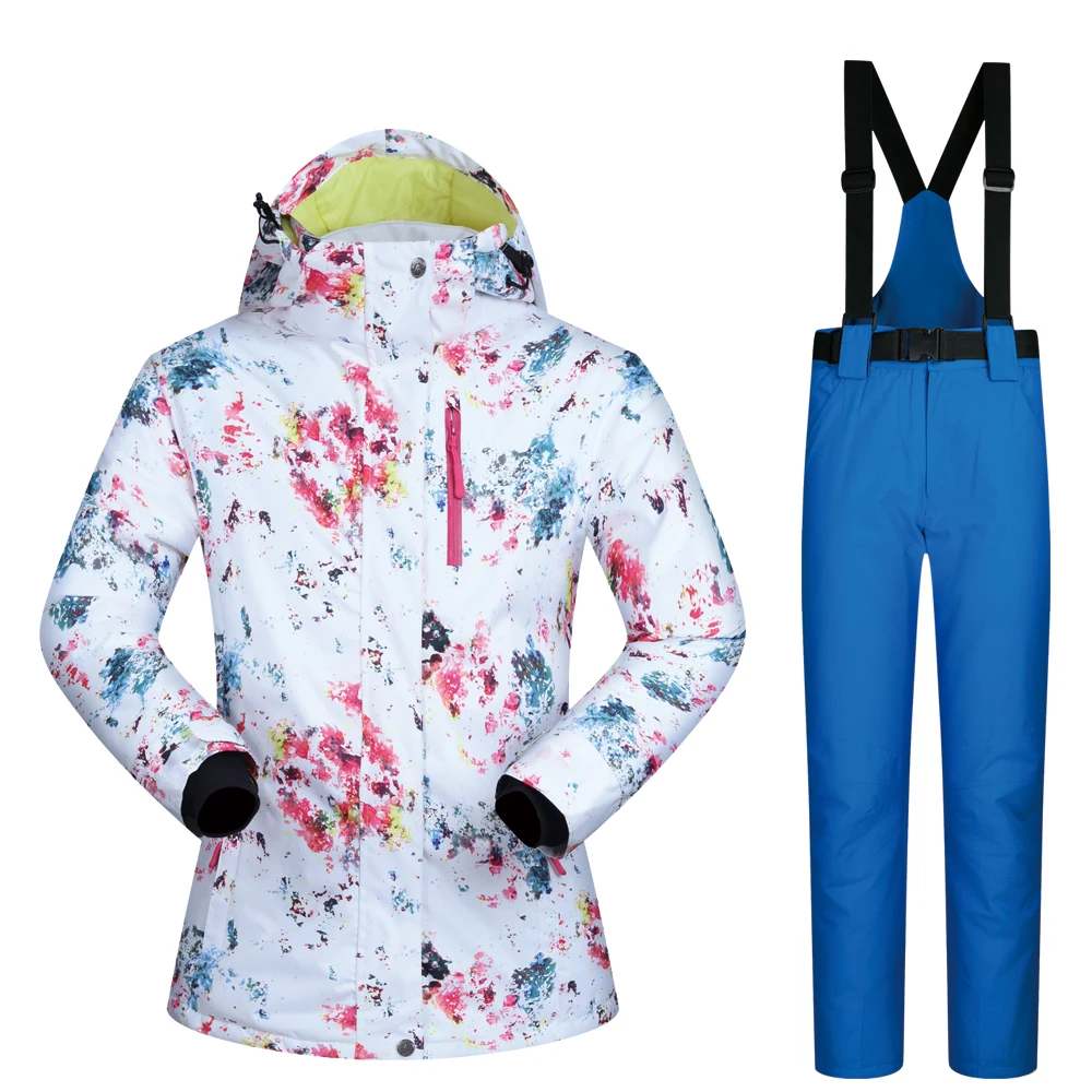 Outdoor Sports Waterproof Ski Jacket and Pants Set Women Snowboard Sweatpants Skiing Overalls Warm Winter Skiing Clothes - Цвет: White Blue