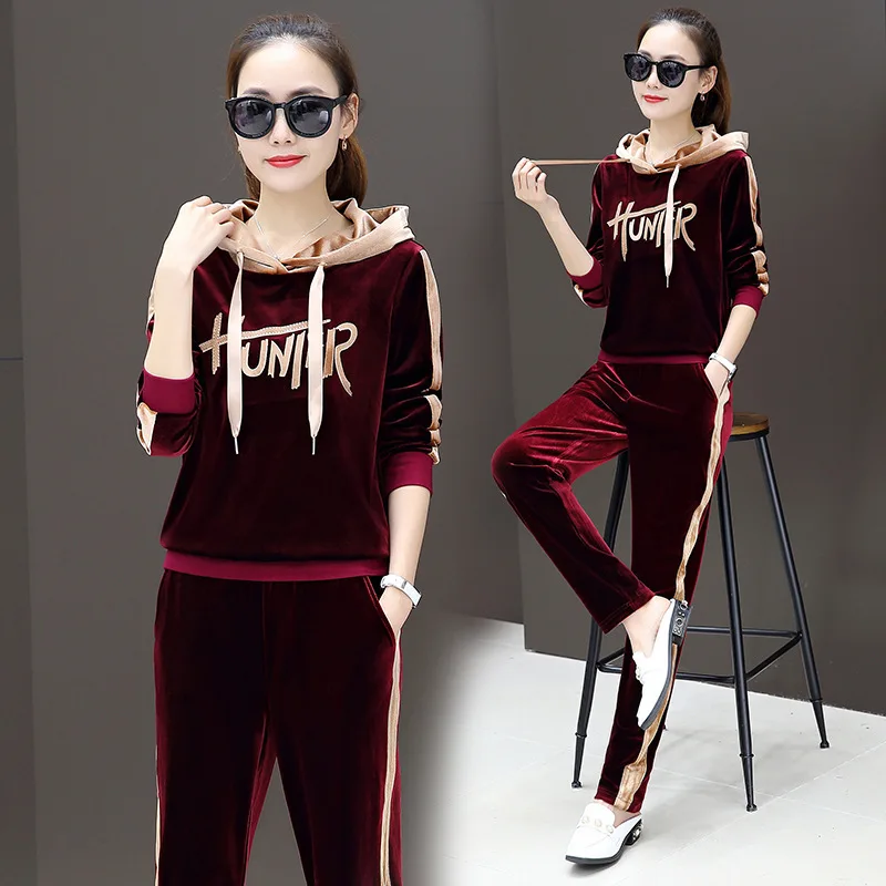 

2019 Gold Lines Velvet Casual Sports Clothing WOMEN'S Suit Autumn Korean-style WOMEN'S Wear Hooded Large Size Hoodie Two-Piece S