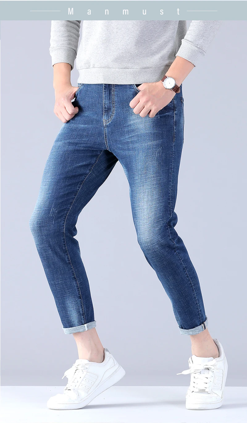 Стрейч мужские деловые Брюки классические мужские джинсы высокого качества Плюс Размер Мешковатые прямые мужские джинсовые штаны хлопок синие мужские байкерские джинсы