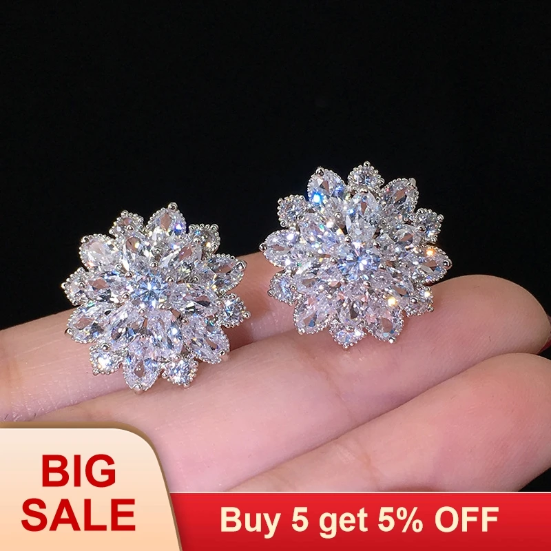 Роскошные женские серьги в виде снежинок, милые белые серьги-гвоздики, модные свадебные ювелирные изделия, Двойные серьги для женщин