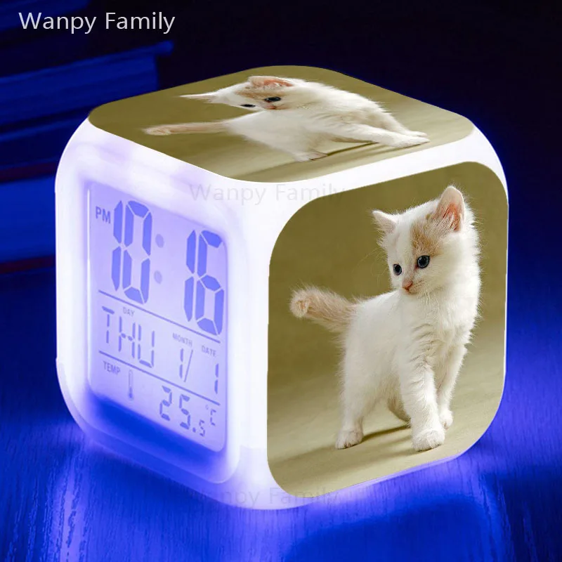 

Cute Pet cat Alarm Clock 7 Color Glowing LED Big Screen Digital Alarm Clock Kids Birthday Gift Multifunction Electronic Clock