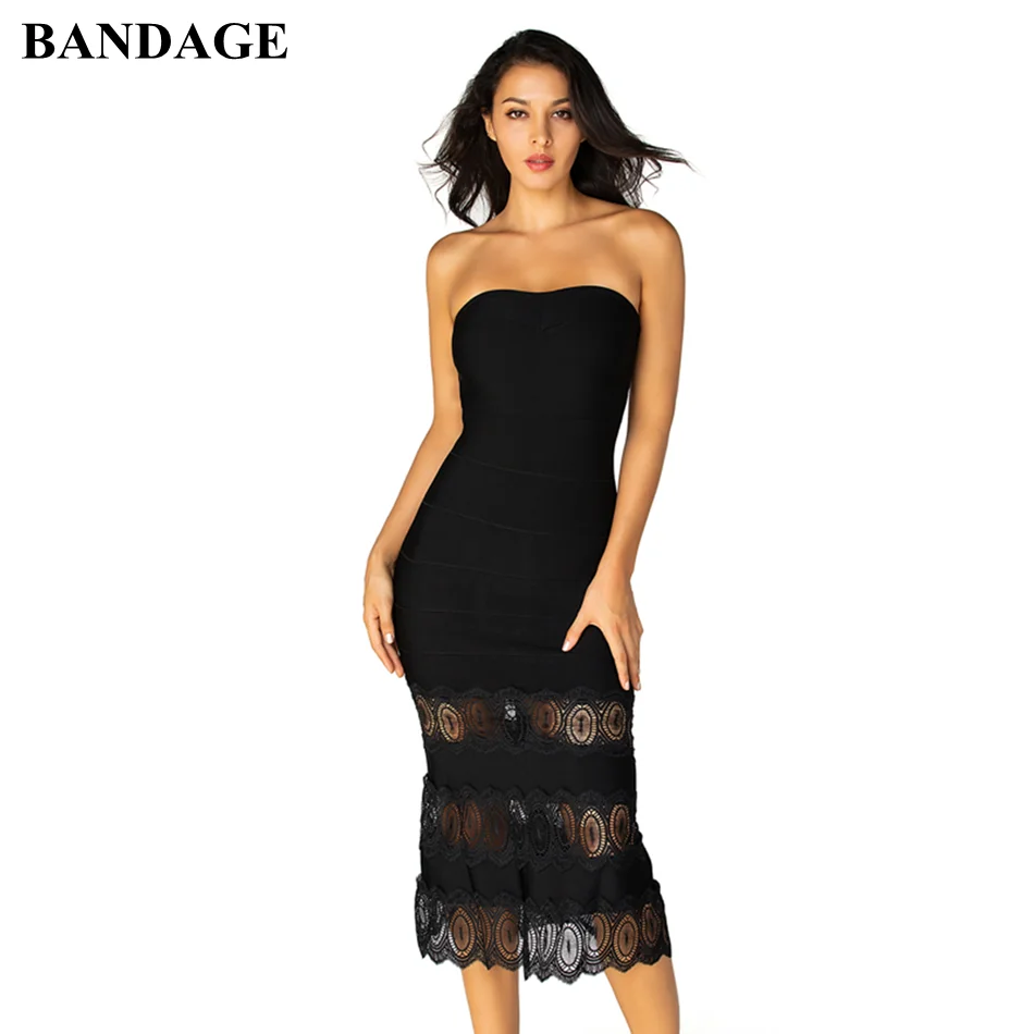 Бандажное новое платье без бретелек для женщин Vestidos черное вино красное кружевное Бандажное платье знаменитость Вечерние платья Сексуальная миди обтягивающая одежда