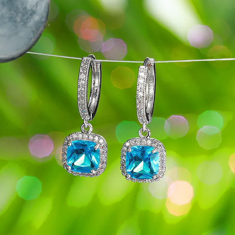 Fashion Female Pink Blue Zircon Stone Earrings Elegant Square Hoop Earrings For Women 925 Sterling Silver Wedding Earrings