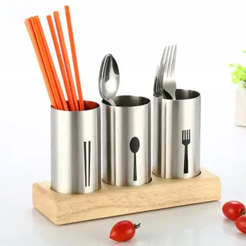 

Stainless Steel Spoon Fork Chopstick Storage Holder Wood Base Cutlery Drain Rack Organizer Storage Basket Kitchen Tools