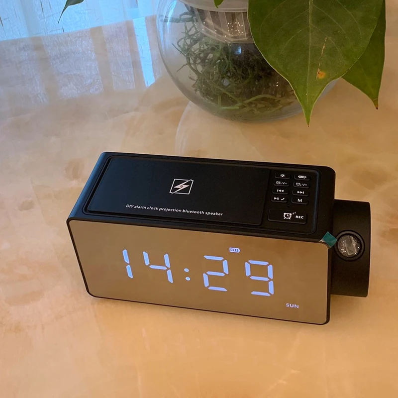 Проекционный Будильник Bluetooth динамик с беспроводной зарядкой Diy рингтон, один щелчок повтора, Bluetooth динамик вызова, fm-радио Au