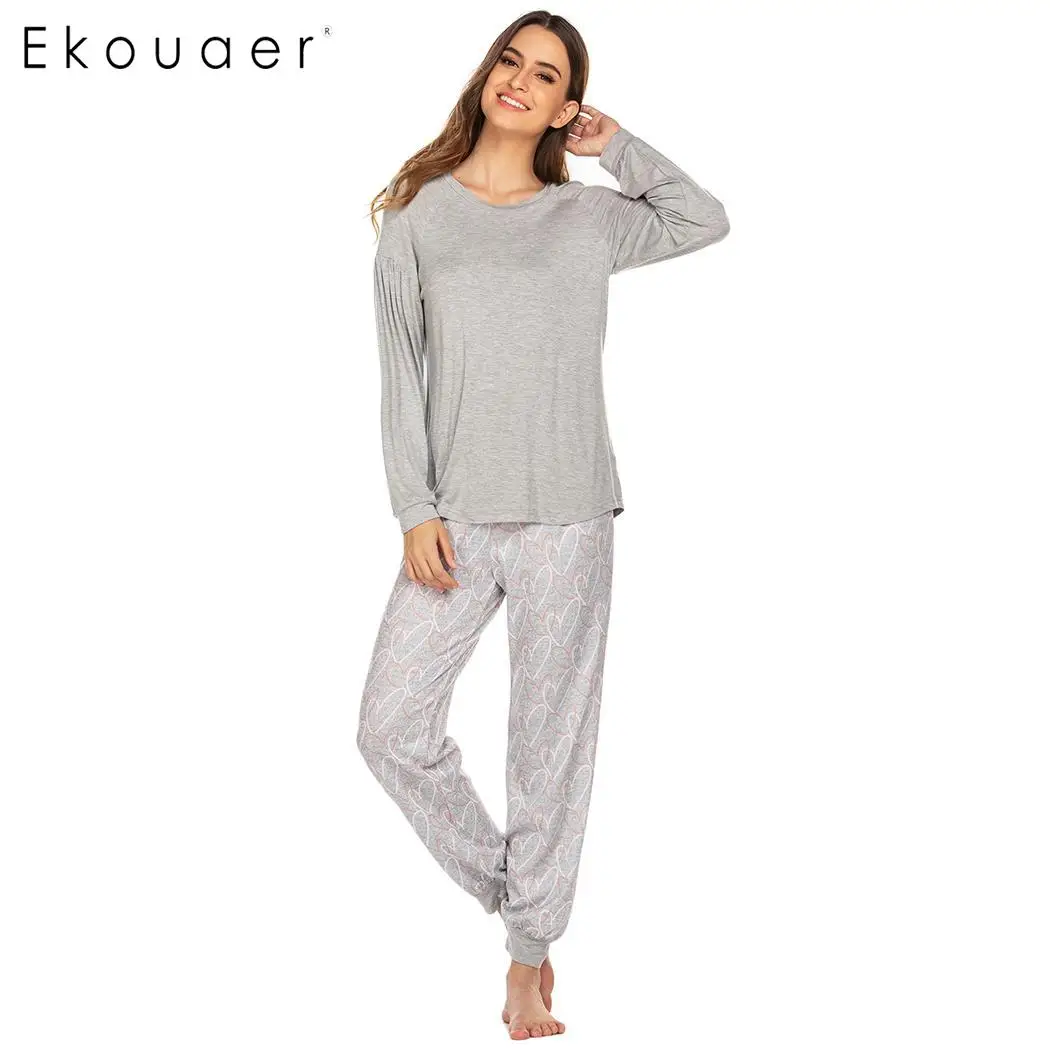 Ekouaer/женская зимняя пижама из двух предметов, Пижамный костюм с круглым вырезом и длинными рукавами, домашняя одежда, пижамный комплект, женская ночная рубашка