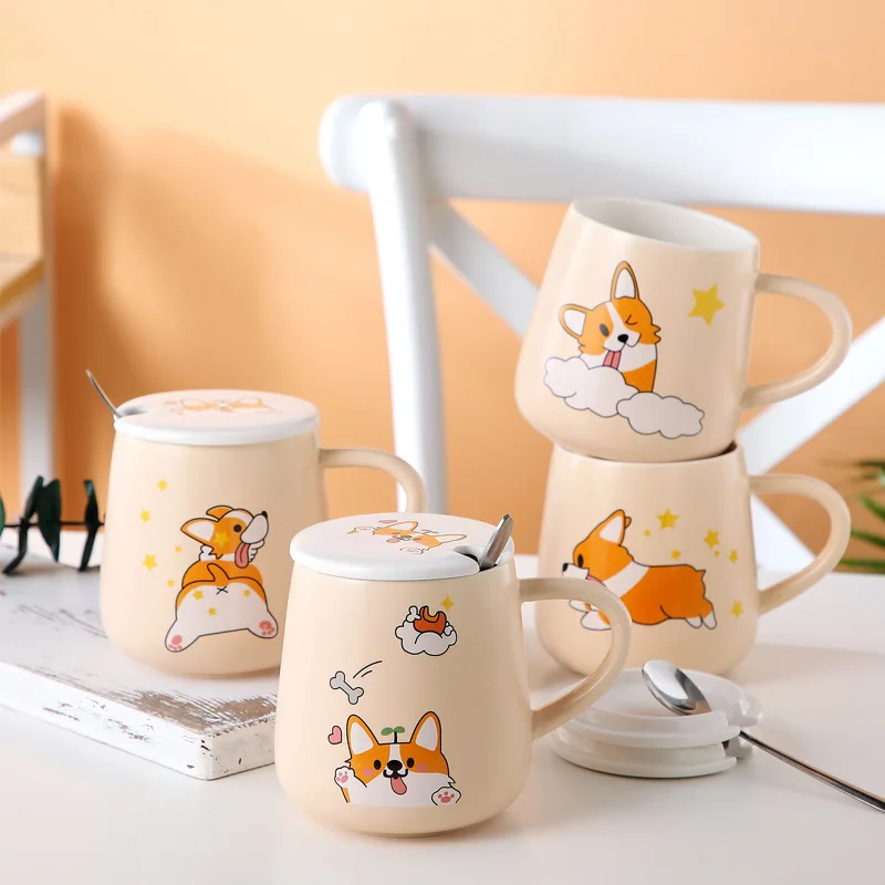 

440ml Corgi Dog Couple Coffee Mug Spoon With Lid Cute Cartoon Gift exquisite Office Decorations Mark Ceramic Water Cup