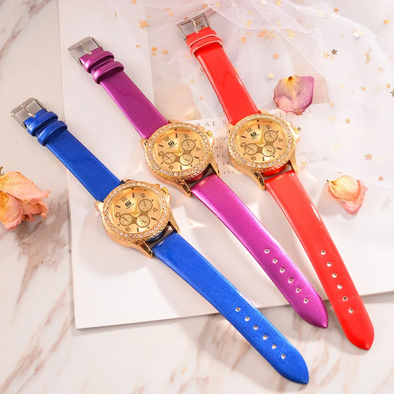 

New Style guote Three-Eyed Six-pin Diamond Set Ladies' Watch Lazada Leather Belt Man-made Diamond Watch Women's