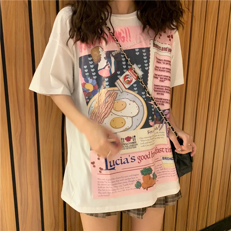 Корейская женская новая летняя футболка Kawaii с коротким рукавом и круглым вырезом, принт с изображением завтрака, модные футболки, повседневные свободные женские топы, футболки