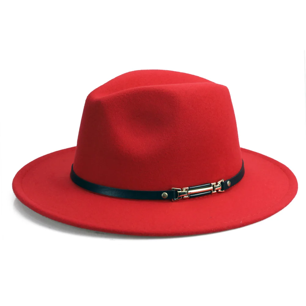 YY PU ремень Fedora шляпа для мужчин зимние теплые шляпы Трилби женщин с широкими полями Джаз Панама Винтаж фетровая Кепка Пряжка Декор FD19050 - Цвет: Red Belt Fedora