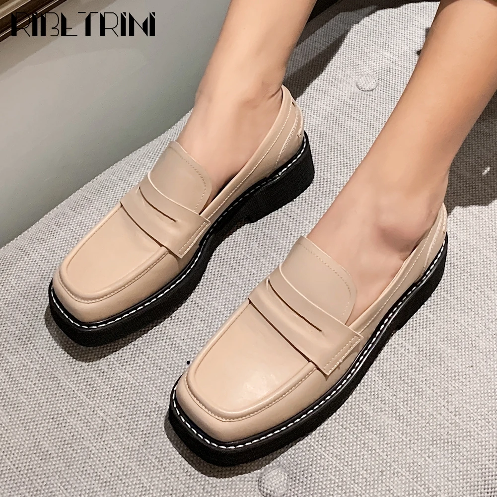 

RIBETRINI Brand Lady Platform Chunky Heel Square Toe Shoes Woman Sewing Flats Women Spring Slip On Genuine Leather Flats