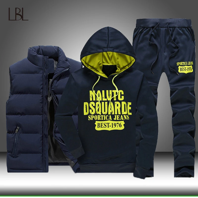 Tracksuit Pants Clothing-Sets Hoodies Jogger Men Winter Male Letter 3pcs-Set Vest Thicken