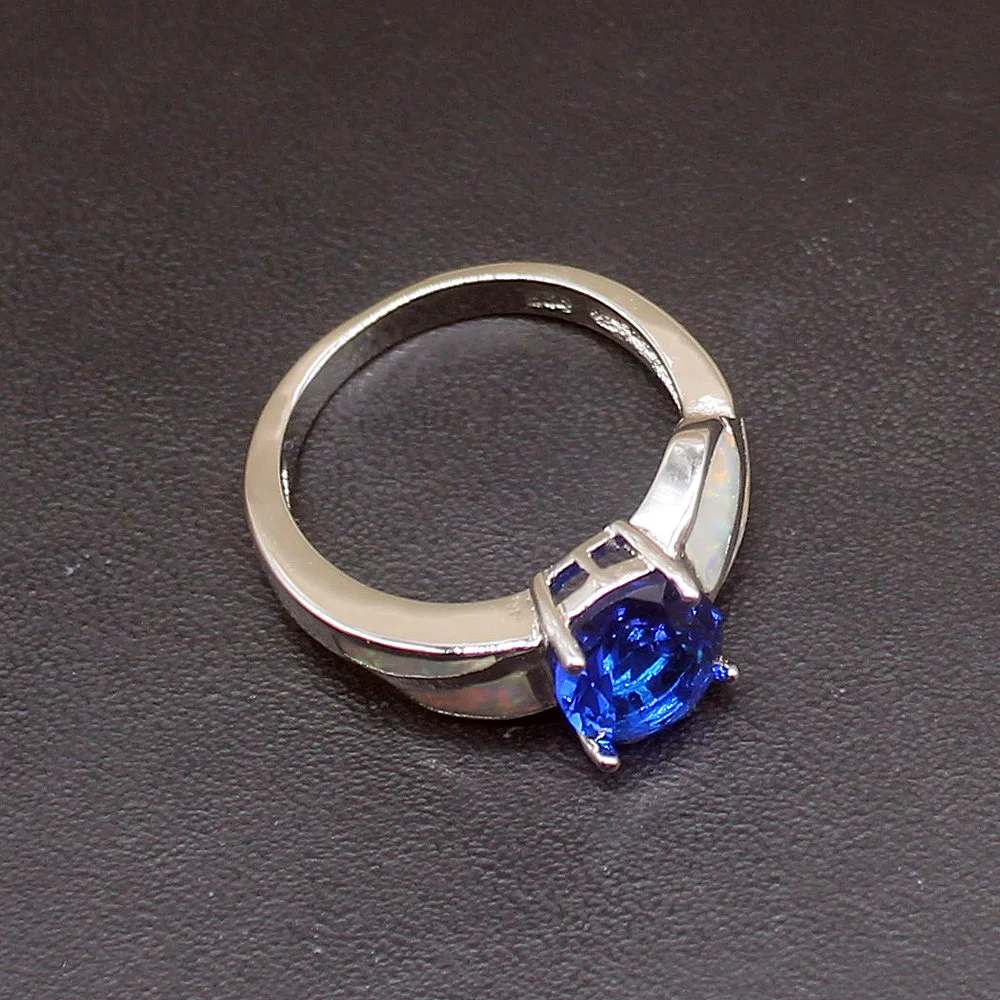 Gemstonefactory Jewelry Big Promotion Single Unique 925 Silver Sapphire White Opal Women Girls Gifts Band Rings 7.5# 20214431