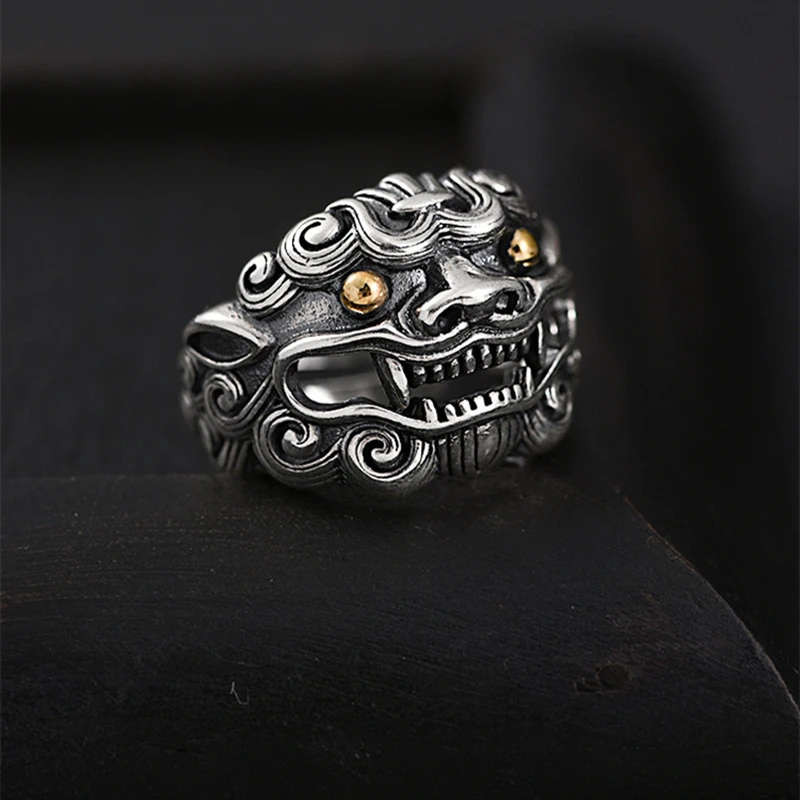 Ring For Men's Adjustable Size Wenwan Personality Trend Retro Chinese Style Lion Ring Jewelry Gift finger ring,adjustable rings,badminton t shirt