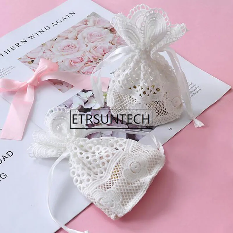 120pcs White Hole Lace Silk Drawstring Bags Milk Silk Lace Decorations Pouches Jewelry Cosmetic Packing Gift Bag 10x14cm