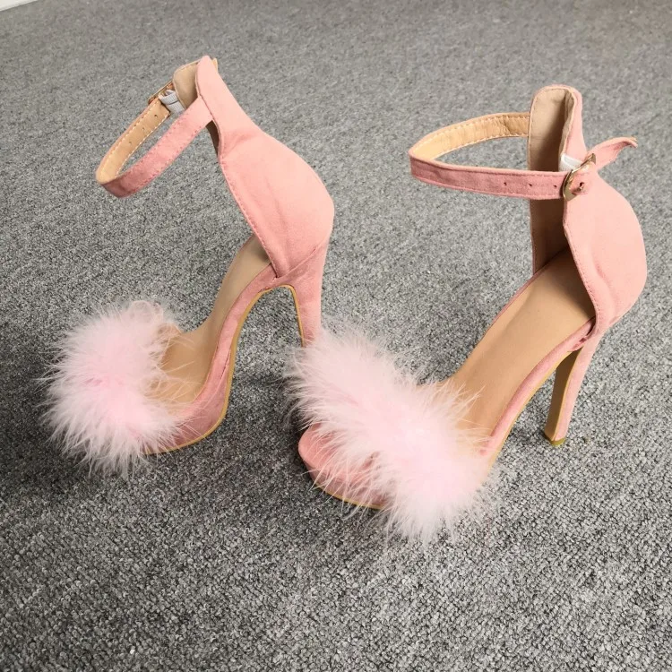 Olomm New Women Platform Feather Sandals Sexy Stiletto Heels Sandals Open Toe Gorgeous Pink Party Shoes Women US Plus Size 5-15