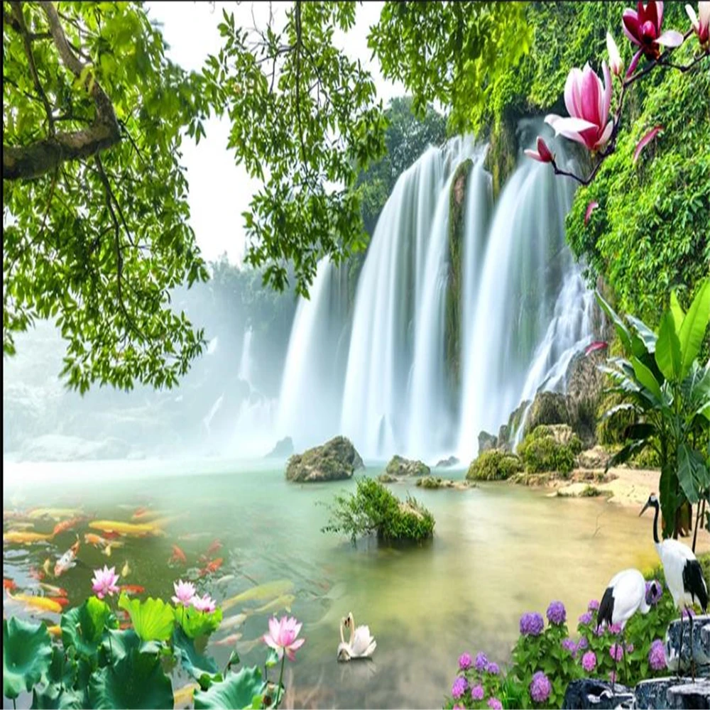 

beautiful scenery wallpapers Waterfall wallpapers Big Tree Lotus Nine Fish 3D Landscape wallpapers Painting Background Wal