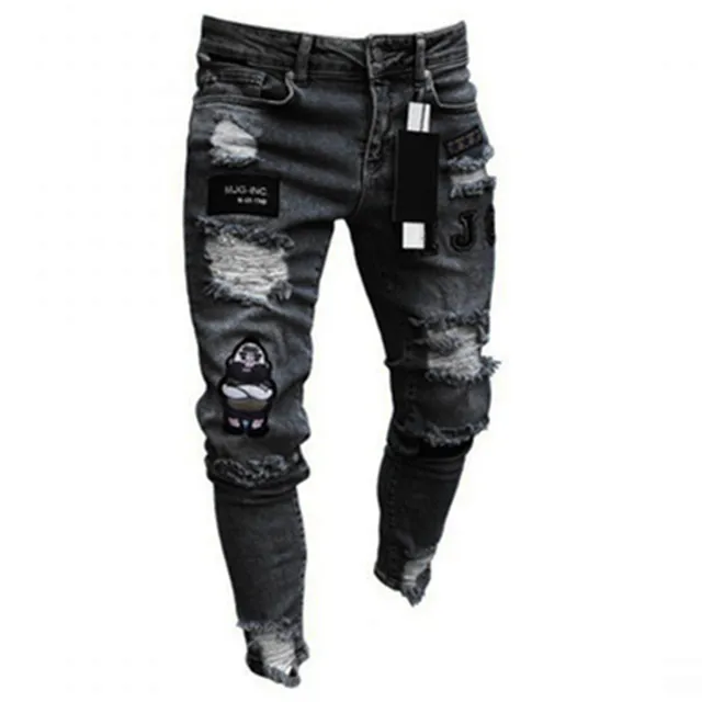 Men's Skinny Ripped Jeans Plaid Patchwork Denim Trousers Hip-Hop Print Jogging Pencil High Quality Denim Men Pants D807 Black