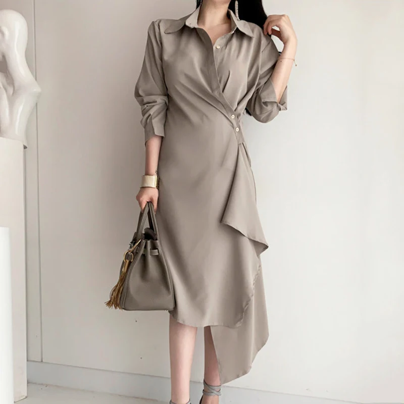 [EWQ] винтажное женское платье до середины икры с воротником-стойкой