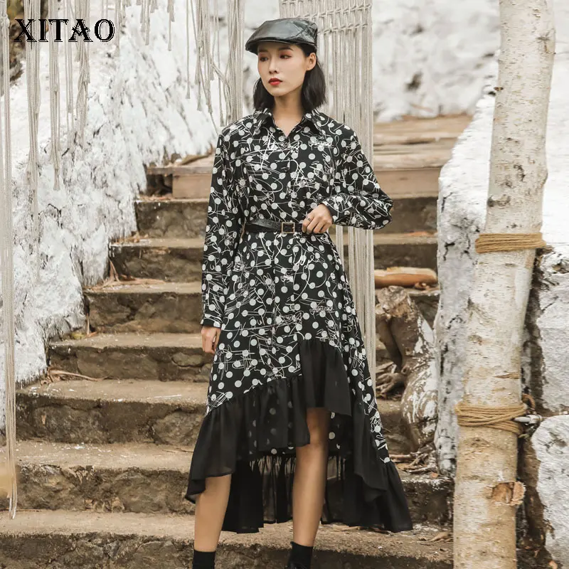 XITAO 2020 Spring New Plus Size Polka Dot Dress Women Irregular Ruffle Stitching Dresses Fashion Long Sleeve Trend Loose XJ3686 | Женская