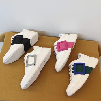 

2020 New Spring Buckle Flat Women Sneakers PU Leather Fashion Casual Shoes Woman White Skateboarding Shoes