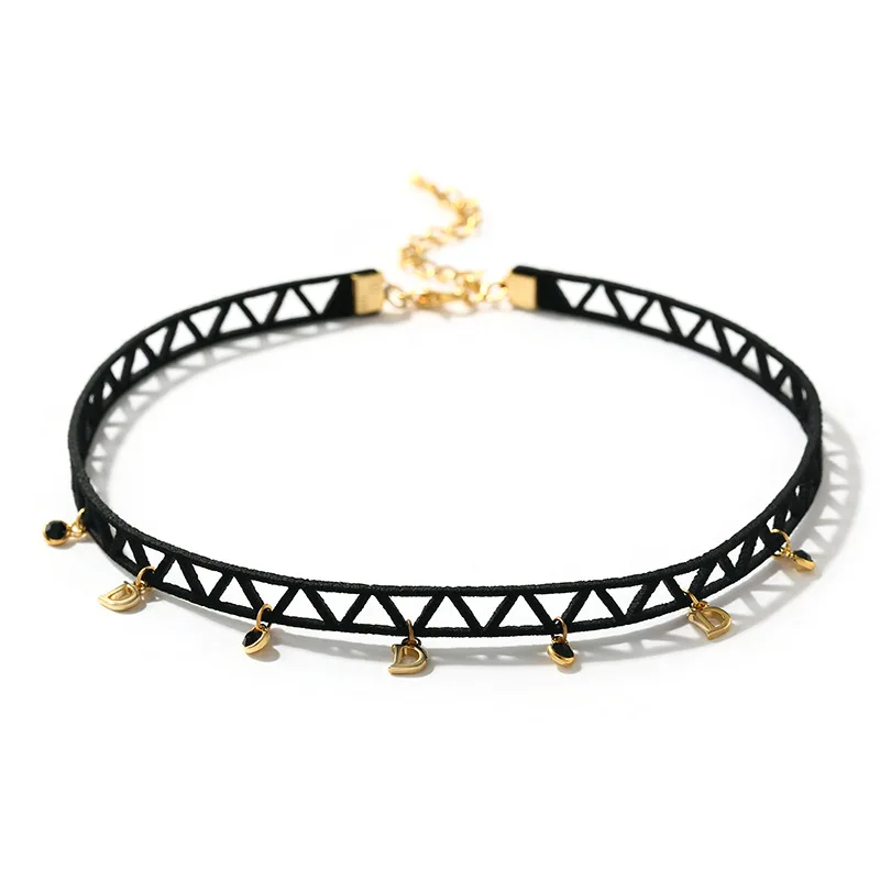 Simple Vintage Letter Shape Choker Necklace Korean Style Hollow Black Rope Velvet Collar Leather Collier Femme Chocker Jewelry - Окраска металла: 3