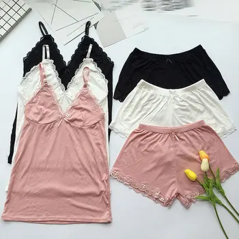 

Sexy Lace Top And Shorts Pyjamas Two Piece Cotton Pajama Set Spaghetti Strap Sleepwear High Elastic Pijama Nightie Home Clothes